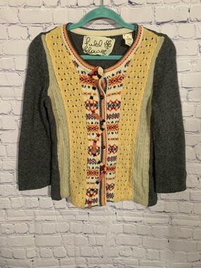 Field Flower Womens Patchwork Sweater Gray Multi M Boho Festival Cottage Layer